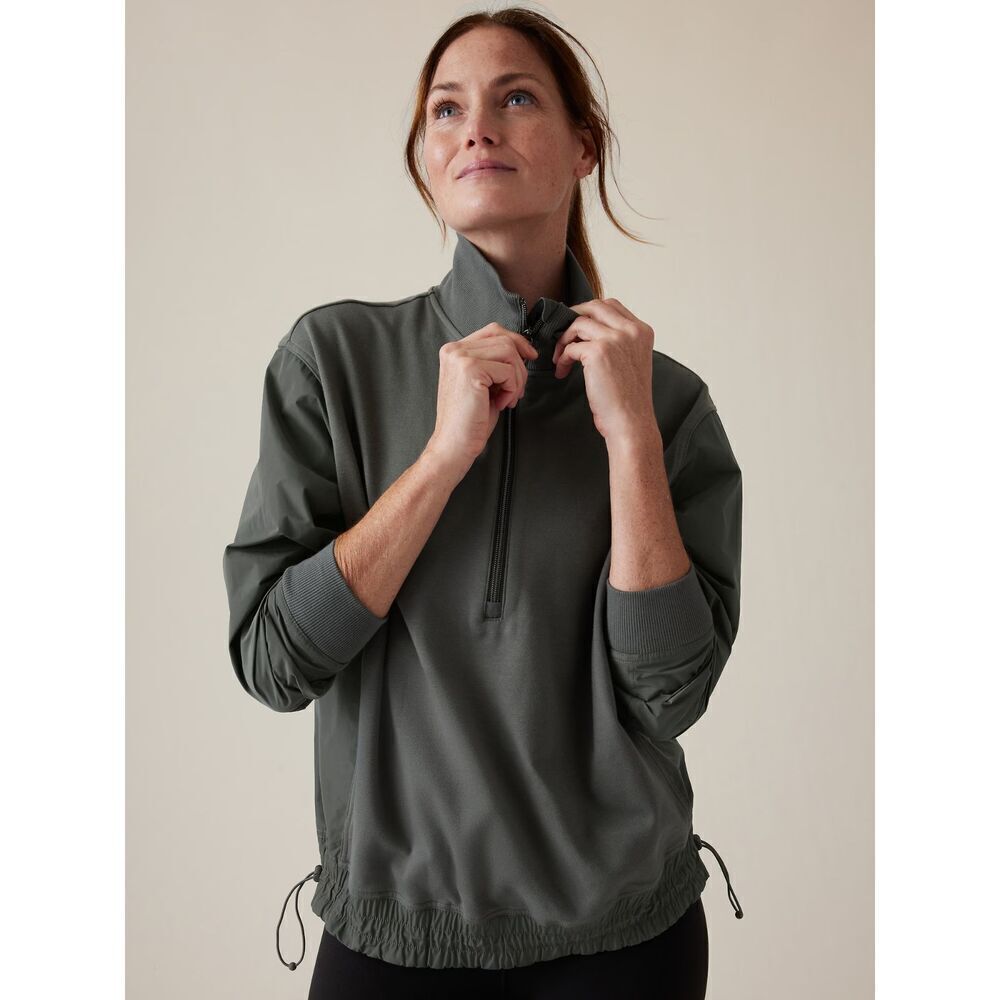 ATHLETA Green Triumph Hybrid Half Zip Sweatshirt Waist Cinch Athleisure Medium